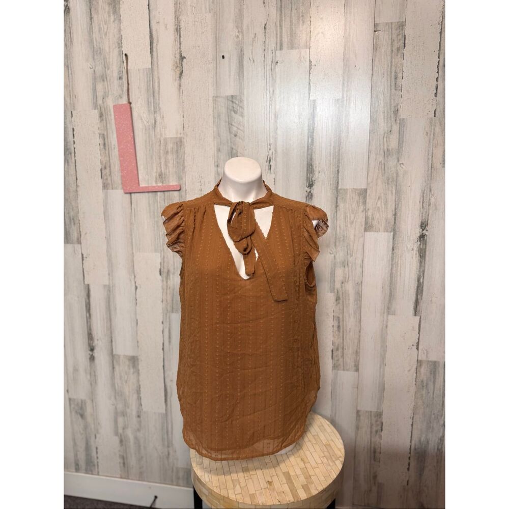 Calvin Klein Caramel Brown Swiss Dot Tie Neck Blouse Womens Size XL Ruffle Sleev